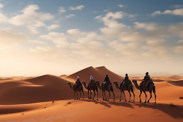 pack of people riding camel on the sand dune dessert for vacation