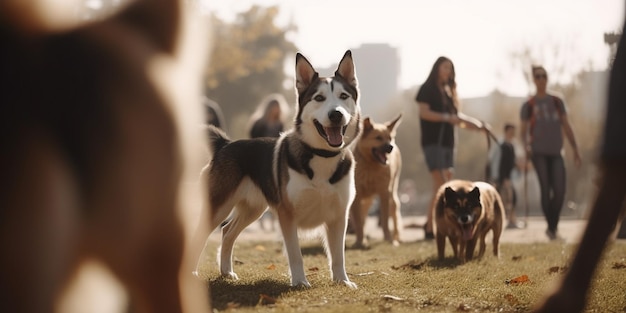 都会のドッグパークに集まる遊び好きな犬の群れ