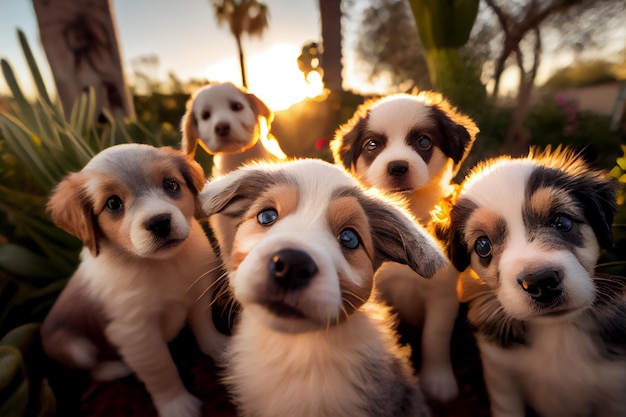 Foto un branco di cuccioli si fa un selfie generato dall'ai