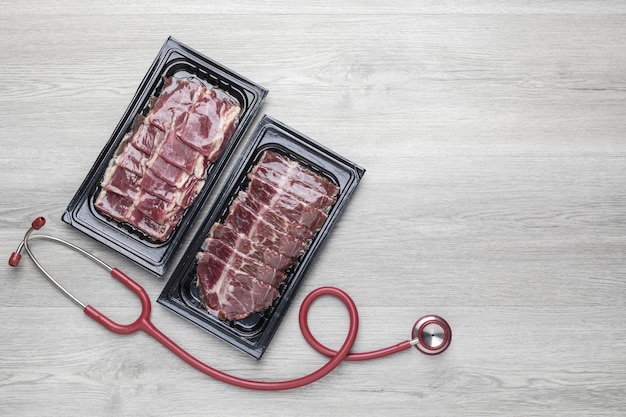 Pack of raw sliced Dry Aged beef in black plastic tray and doctor stethoscope on grey wooden table background Food and healthcare concept