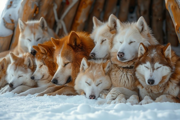Foto un branco di cani da slitta che riposano accanto a un igloo il loro respiro visibile nell'aria fredda