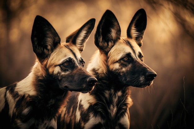 Pack of wild dogs in nature at sunset Generated by AI