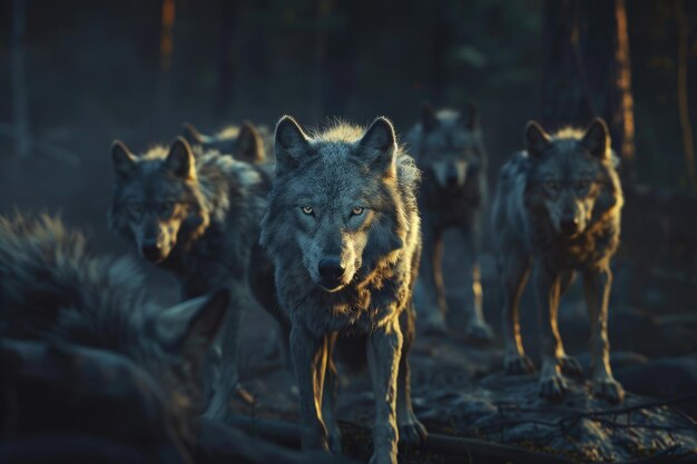 Photo a pack of wolves on a dark night