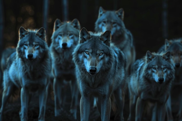 Photo a pack of wolves on a dark night