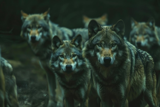 a pack of wolves on a dark night