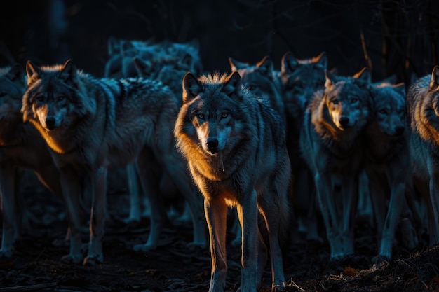 a pack of wolves on a dark night