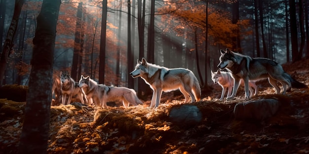 Стая волков в лесу на фоне полной луны Генеративный ИИ