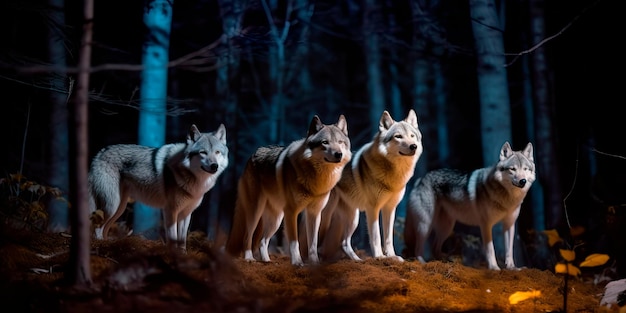 Pack of wolves in the forest with a full moon in the background Generative AI