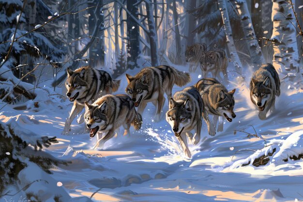 A pack of wolves romping through a snowy forest nipping at each other s tails