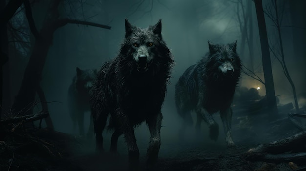 a pack of wolves running at night in the fog