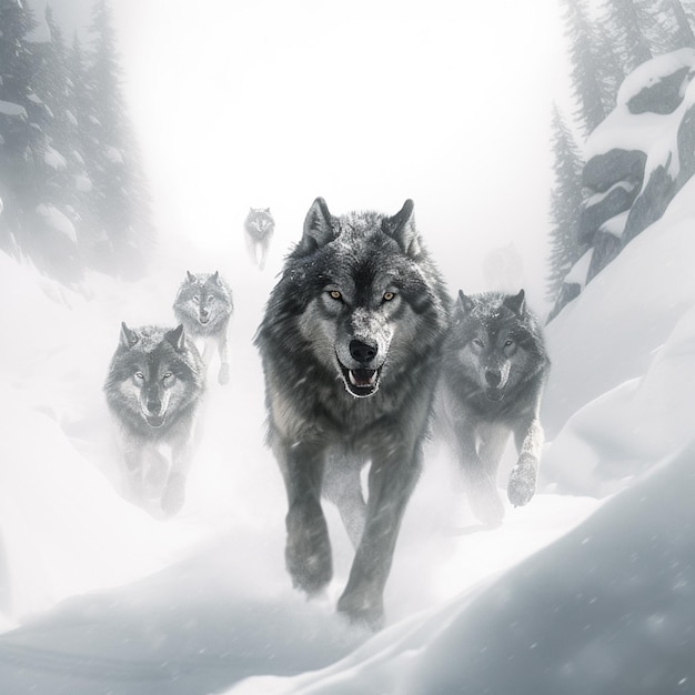 A pack of wolves running in the snow with the word wolf on it.