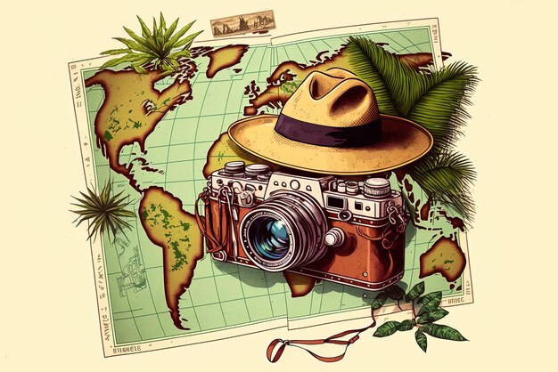 Foto fate le valigie è ora di andare in avventura illustrazione di una telecamera con cappello di palma