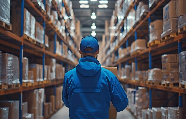 Foto pacchetto trasportato da un operaio di magazzino in uniforme blu sulla spalla di un cliente stoccaggio di prodotti farmaceutici in una struttura di produzione medica