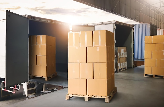Foto caricamento di scatole di pacchi in container camion di distribuzione magazzino spedizione camion di merci logistica