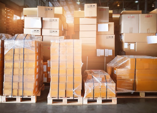 Package boxes on pallets at storage warehouse cargo shipment\
boxes shipping warehouse logistics