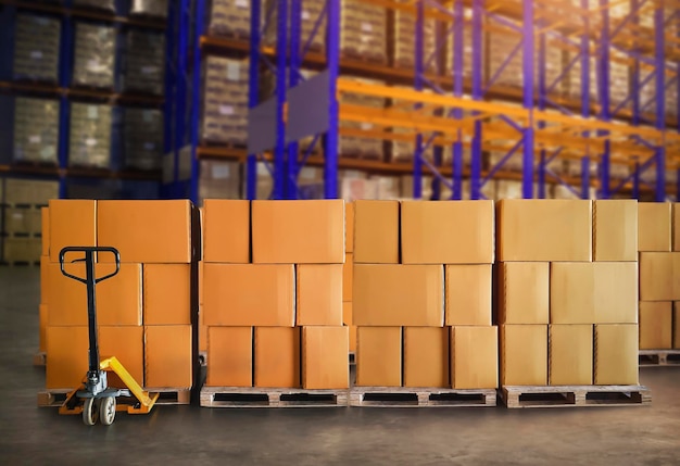 Package Boxes Stacked on Pallets in Storage Warehouse Storehouse Storage Tall Shelf Distribution