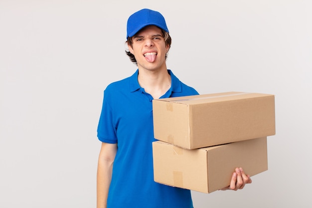 Package deliver man feeling disgusted and irritated and tongue out