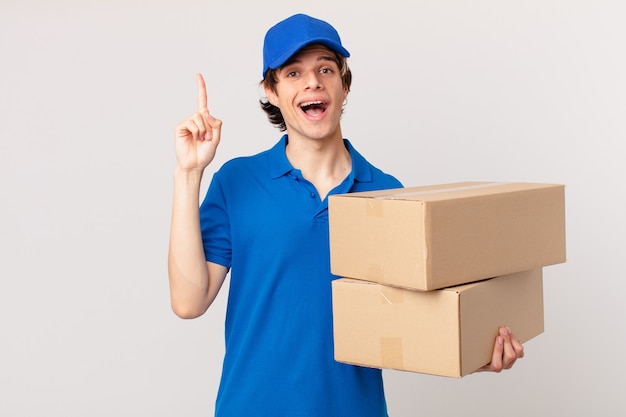 Package deliver man feeling like a happy and excited genius after realizing an idea