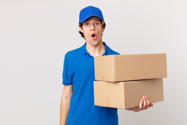 Package deliver man looking very shocked or surprised