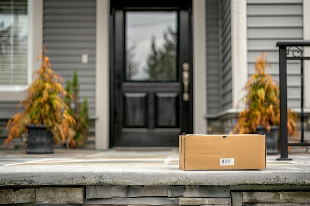 Package Delivery on Doorstep during Covid19 pandemic perfect suburb home with grey front door and