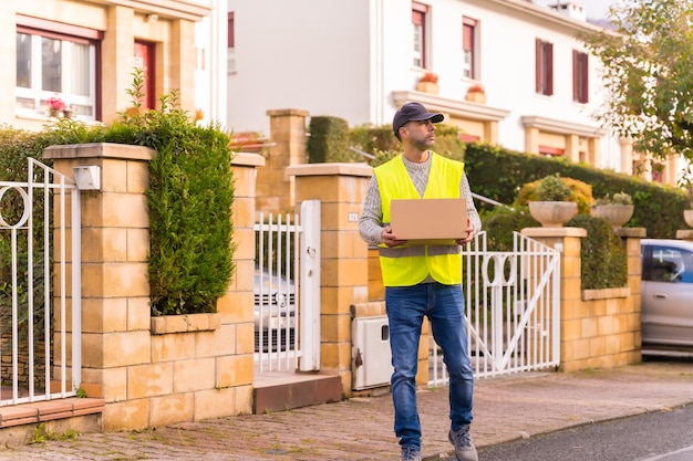 Photo package delivery driver from an online store with a box in hand in some homes