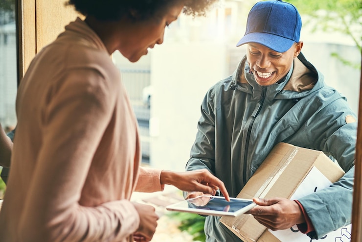 Photo package delivery and woman with tablet signature and front door with order info checking online shopping distribution and shipping worker at a home with shipment ecommerce and technology