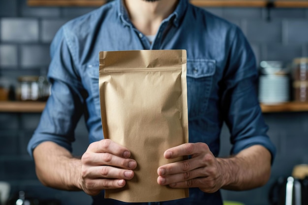 Package design template mockup Man holding blank coffee package