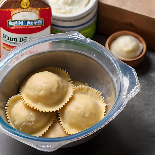 package of ravioli dough and some ravioli dough in bowl on kitchen counter genarated by AI