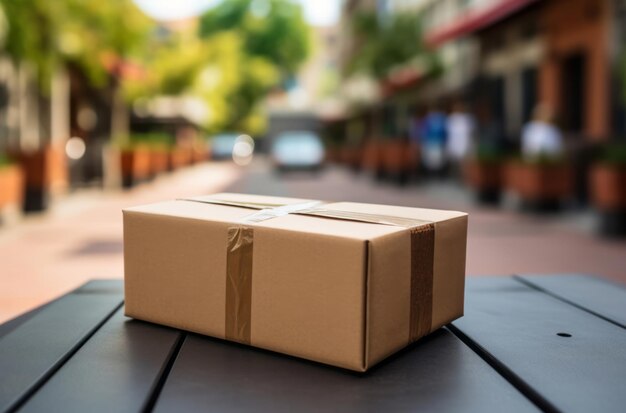 Package seen on table against town street delivery concept