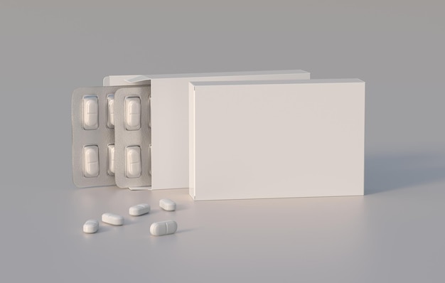 약 알약 모형 템플릿 3d 렌더링이 있는 두 개의 물집이 있는 패키지