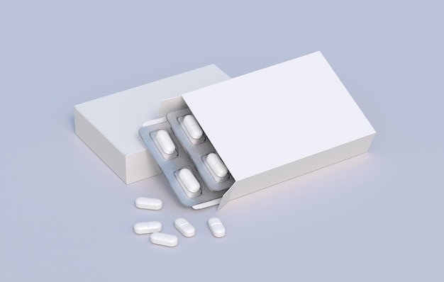 Package with two blisters with medicines pills Mockup template 3d rendering