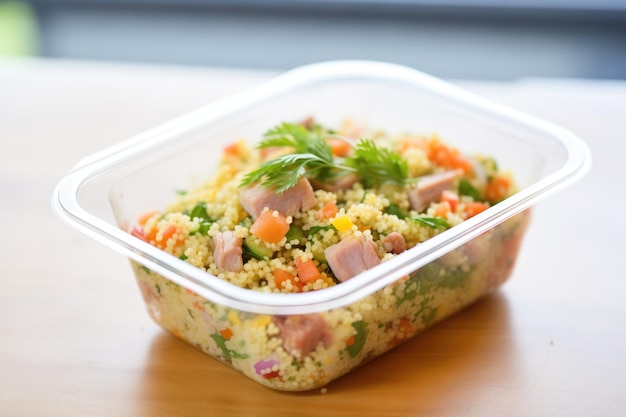 Packaged couscous salad in a clear takeout container