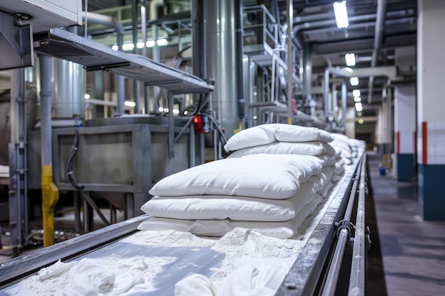 Packaged flour bags on a production line in a modern milling factory