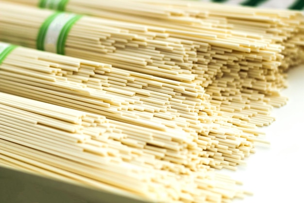 Packaged thin wheat Asian noodles closeup