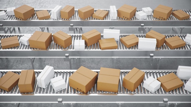 Packages delivery, packaging service and parcels transportation system concept, cardboard boxes on a conveyor belt in a warehouse. Three conveyor belts, 3d illustration