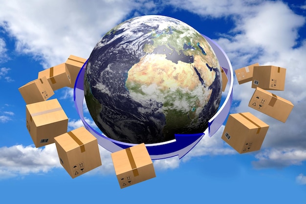 Packages and Earth global delivery concept 3D illustration