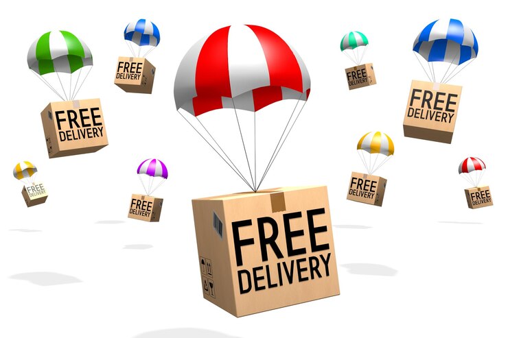 Photo packages on parachutes free delivery concept 3d illustration