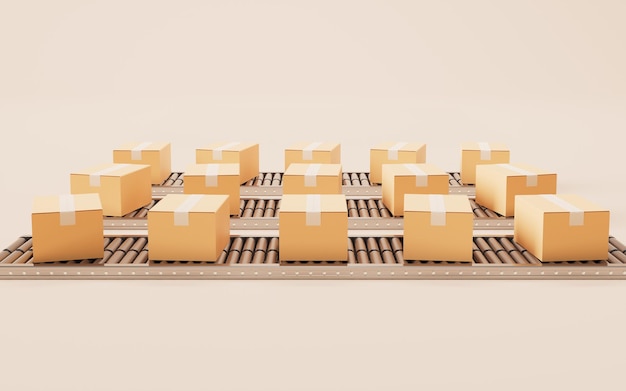 Packaging box and conveyor belt 3d rendering