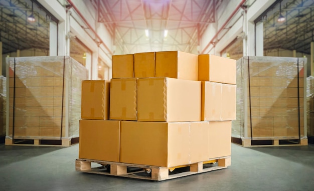 Packaging Boxes Stacked on Pallets in Storage Warehouse Supply Chain Storehouse Shipping Warehouse