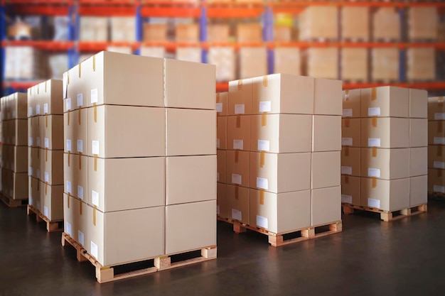 Packaging Boxes Stacked on Pallets in Storage Warehouse Supply Chain Storehouse Shipping Warehouse