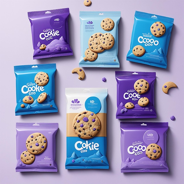Photo packaging for cookie brand primary color lavender secondary color blue crisp n goo ey 3d hd