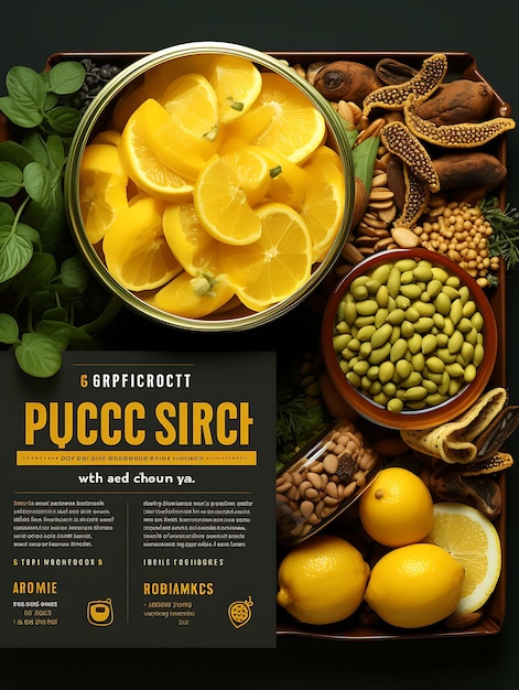 Photo packaging of jackfruit in brine tin can packaging with a yellow and brown concept poster menu art