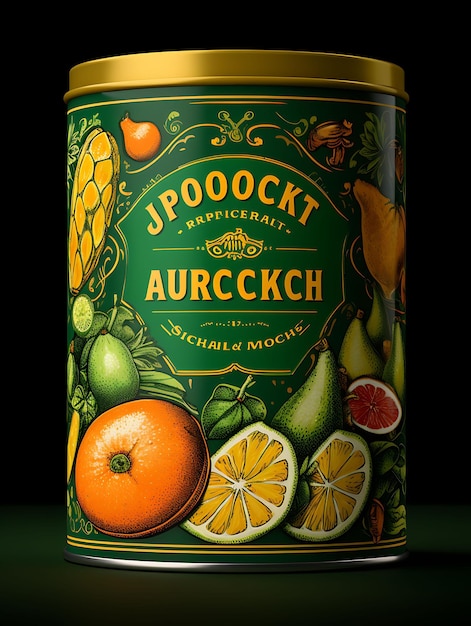 Photo packaging of jackfruit tin can packaging with a green and yellow palette concept poster menu art