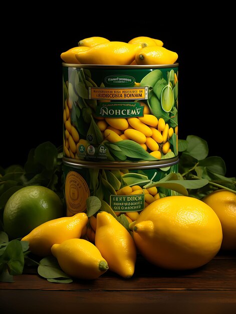 Photo packaging of jackfruit tin can packaging with a green and yellow palette concept poster menu art