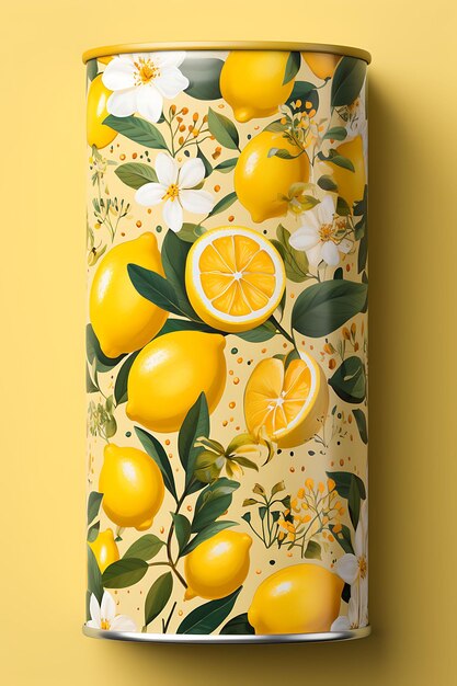 Photo packaging of lemon tin can packaging with a yellow and white palette lemo concept poster menu art