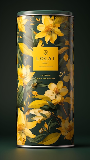 노란색과 초록색 패을 가진 Loquat Tin Can 포장 Loq 개념 포스터 메뉴 아트