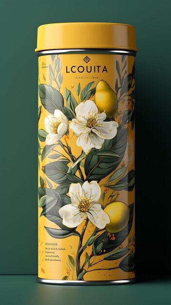 노란색과 초록색 패을 가진 Loquat Tin Can 포장 Loq 개념 포스터 메뉴 아트