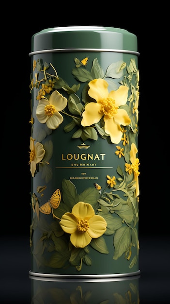 Photo packaging of loquat tin can packaging with a yellow and green palette loq concept poster menu art