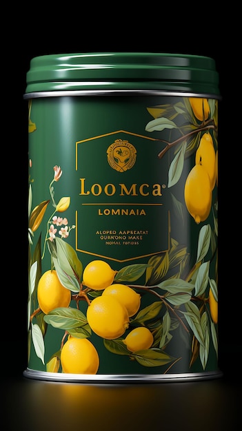 Photo packaging of loquat tin can packaging with a yellow and green palette loq concept poster menu art