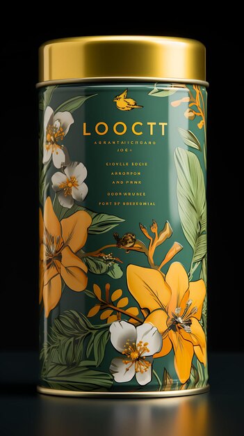 노란색과 초록색 패을 가진 Loquat Tin Can 포장 Loq 개념 포스터 메뉴 아트